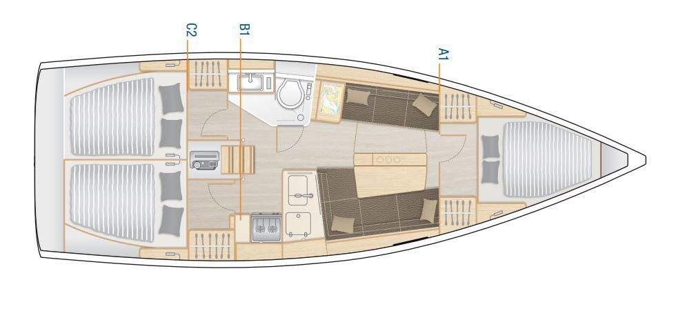 Grundriss Hanse 348 unter Deck mit 3 Kabinen für 6 bis 7 Kojen bei MOLA Yacht Charter